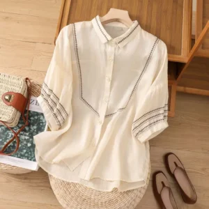 Retro Solid Color Embroidered Loose Mid-Sleeve Cotton Linen Top