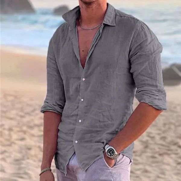 Men's 2025 Cotton Linen Long Sleeve Henley Collar Casual Beach Shirt - Image 2