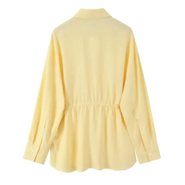 Women's Oversize Linen Blend Shirt With Belt Casual Long Sleeve Blouse - Image 2
