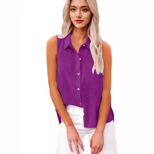 Summer Cotton Linen Sleeveless Button Shirt Women's Lapel Casual Top - Image 5