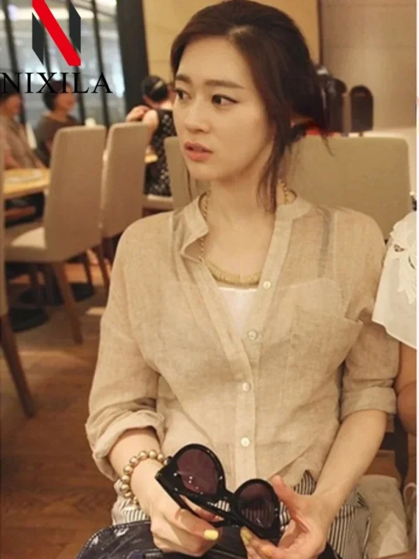 Women's Cotton Linen Long Sleeve Oversized Casual Tunic Shirt Top - Image 3