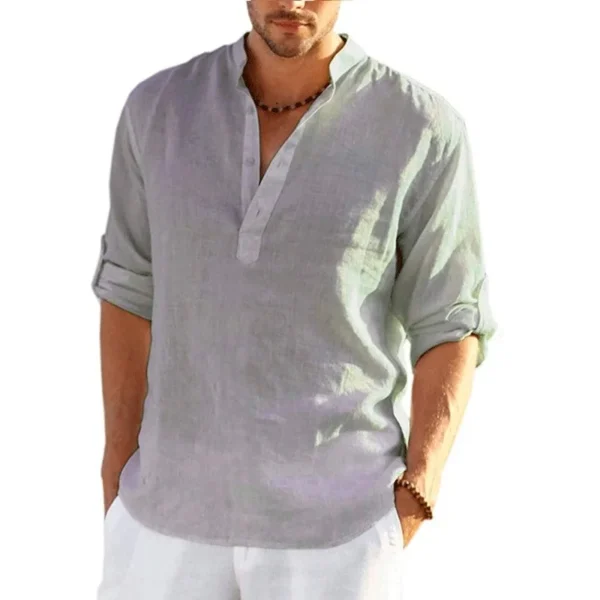Men's Cotton Linen Long Sleeve Loose Fit Casual Solid Beach Shirt - Image 5