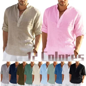 Men's Cotton Linen Long Sleeve Loose Fit Casual Solid Beach Shirt