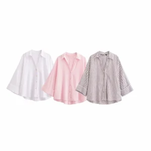 Women Wide Sleeve Linen V-Neck Lapel Loose Comfortable Chic Blouse