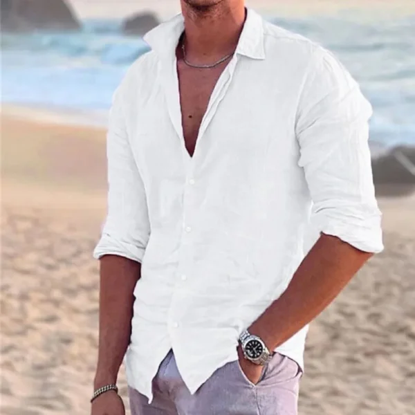 Men's 2025 Cotton Linen Long Sleeve Henley Collar Casual Beach Shirt - Image 4