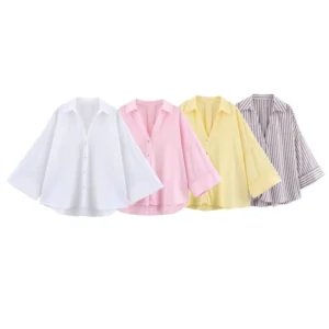 Women's Linen Shirt Asymmetric Hem Wide Sleeve Spring Blouse