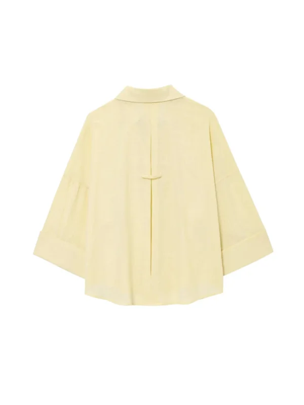 Women's Linen Loose Shirt With Lapel Collar Three-Quarter Sleeves Blouse - Image 3