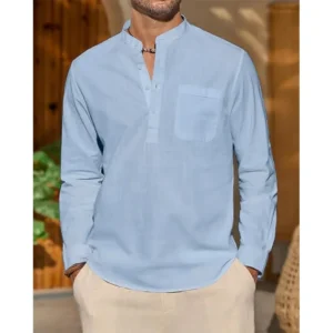 Men's Cotton Linen Henley Long Sleeve Casual Summer Trendy Shirt