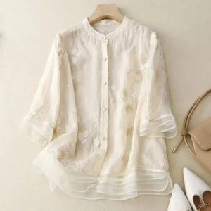 Women's Cotton Linen Shirt Vintage Embroidery Loose Summer Casual Blouse