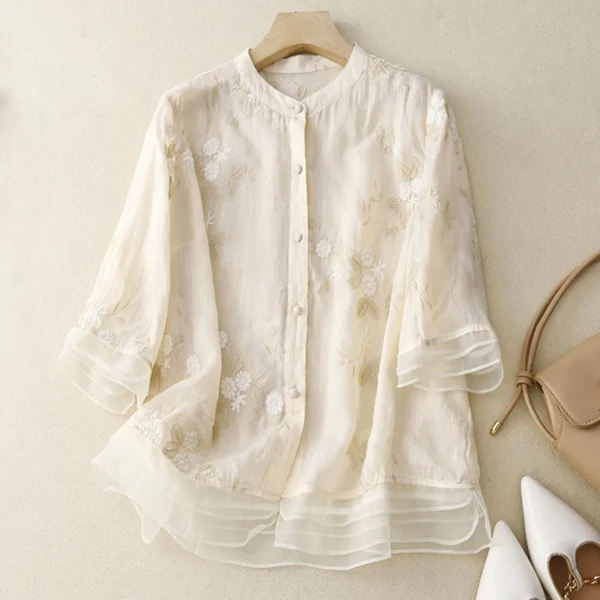 Women's Cotton Linen Shirt Vintage Embroidery Loose Summer Casual Blouse