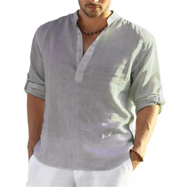 Men’s Summer Cotton Linen Long Sleeve Breathable Beach Shirt - Image 5