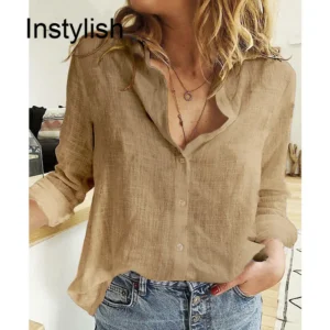 Women’s Cotton Linen Loose Long Sleeve Vintage Lapel Tunic Blouse