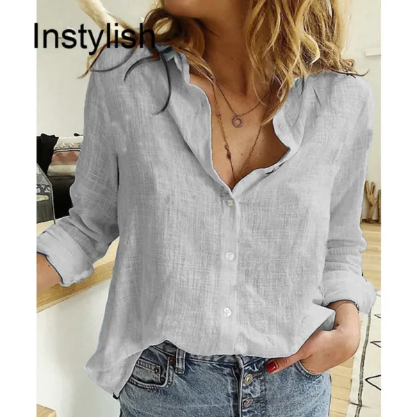 Women’s Cotton Linen Loose Long Sleeve Vintage Lapel Tunic Blouse - Image 4