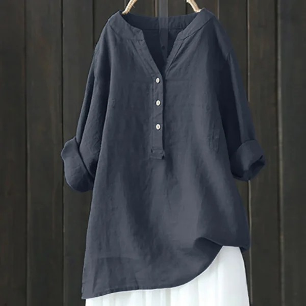 Plus Size Cotton Linen Women’s Loose Long Sleeve Spring Button Blouse - Image 3