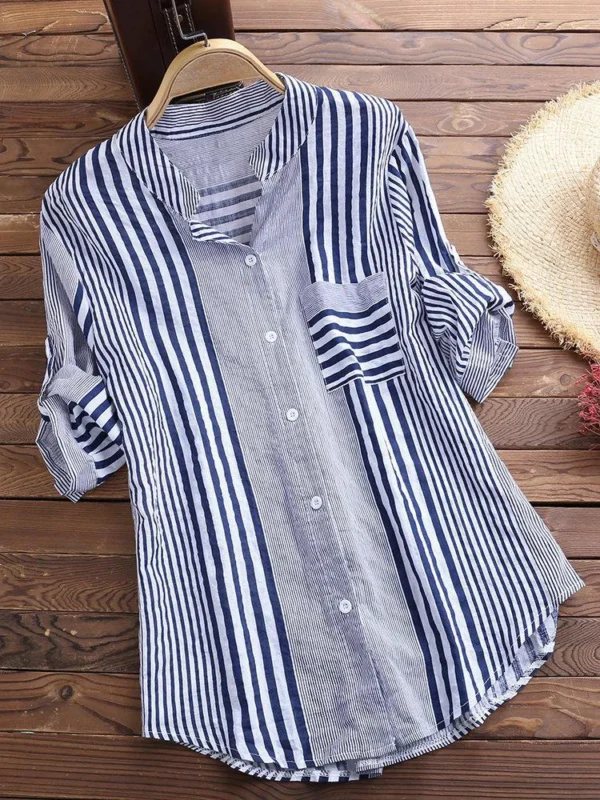 Plus Size Cotton Linen Short Sleeve Loose Button Blouse Women Tunic - Image 2