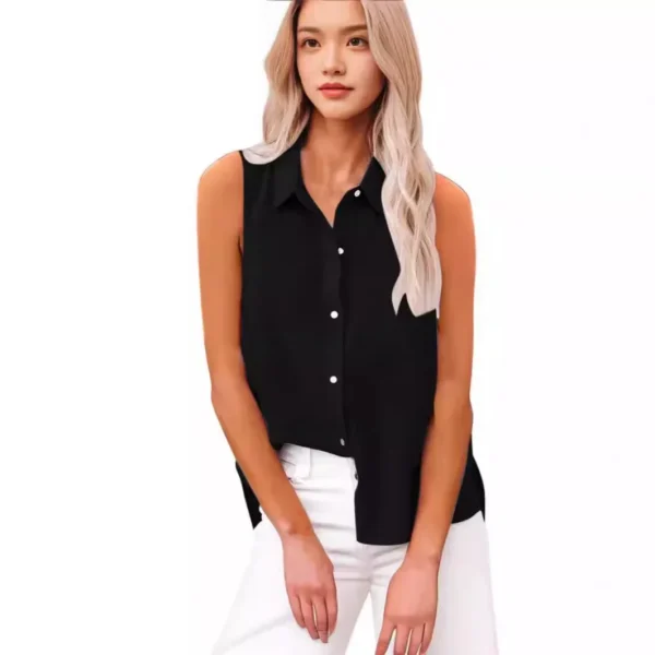 Summer Cotton Linen Sleeveless Button Shirt Women's Lapel Casual Top - Image 3