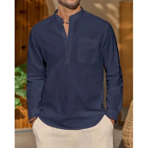Men's Cotton Linen Henley Long Sleeve Casual Summer Trendy Shirt - Image 2
