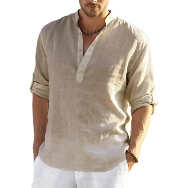New Cotton Linen Henley Long Sleeve Lightweight Beach Men’s Shirt - Image 2