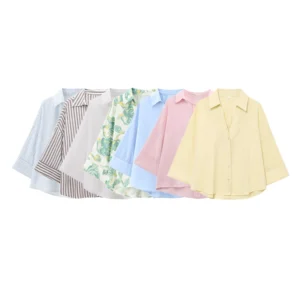 Women's Linen Loose Shirt With Lapel Collar Three-Quarter Sleeves Blouse