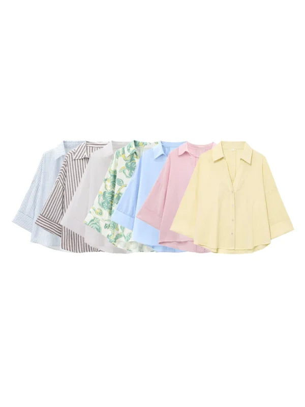 Women's Linen Loose Shirt With Lapel Collar Three-Quarter Sleeves Blouse