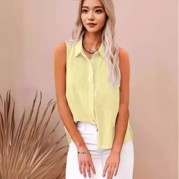 Summer Cotton Linen Sleeveless Button Shirt Women's Lapel Casual Top - Image 4