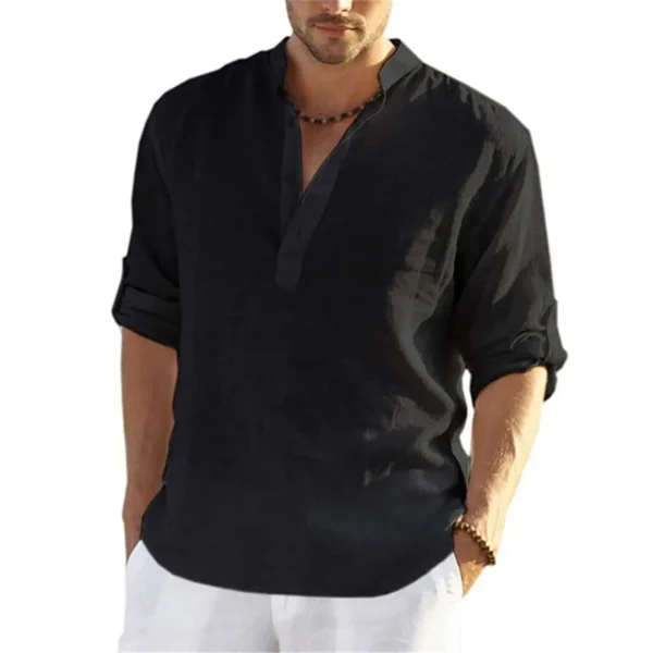 Men’s Summer Cotton Linen Long Sleeve Breathable Beach Shirt - Image 2
