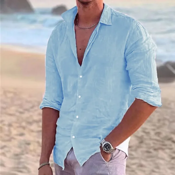 Men's 2025 Cotton Linen Long Sleeve Henley Collar Casual Beach Shirt - Image 3