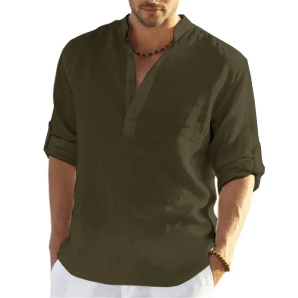 Men’s Summer Cotton Linen Long Sleeve Breathable Beach Shirt - Image 3