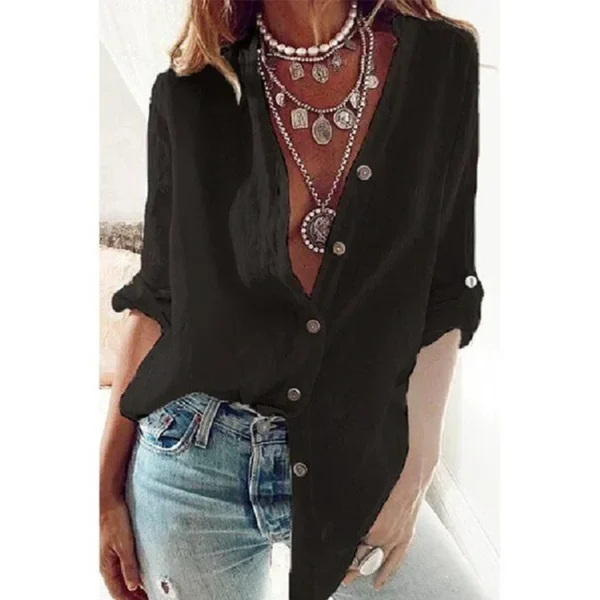Summer Women’s Cotton Linen Shirt Casual Loose V-Neck Long Sleeve - Image 3