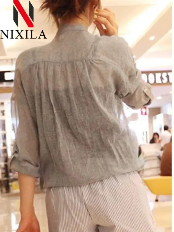 Women's Cotton Linen Long Sleeve Oversized Casual Tunic Shirt Top - Image 2
