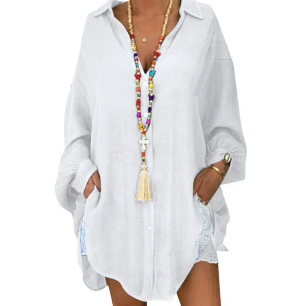 Women’s Summer Cotton Linen Shirt Loose Casual Long Sleeve Button-Up - Image 4