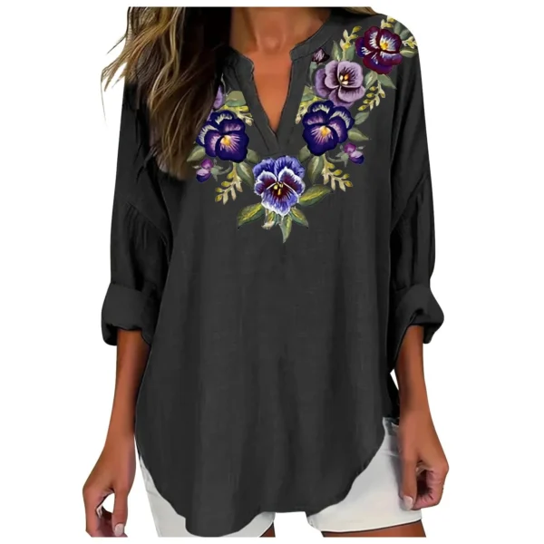 Women’s Linen V-Neck Embroidered Button-Down Oversized Summer Blouse - Image 3