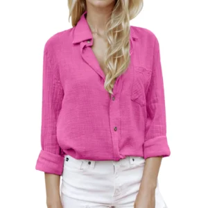 Women’s Hot Pink Cotton Linen Loose Beach Style Lapel Blouse Summer