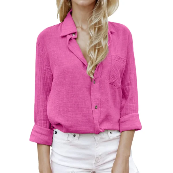 Women’s Hot Pink Cotton Linen Loose Beach Style Lapel Blouse Summer
