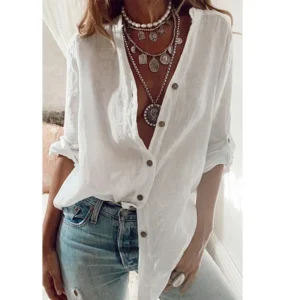 Summer Women’s Cotton Linen Shirt Casual Loose V-Neck Long Sleeve