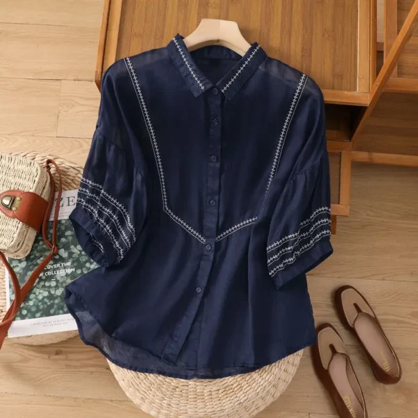 Retro Solid Color Embroidered Loose Mid-Sleeve Cotton Linen Top - Image 3