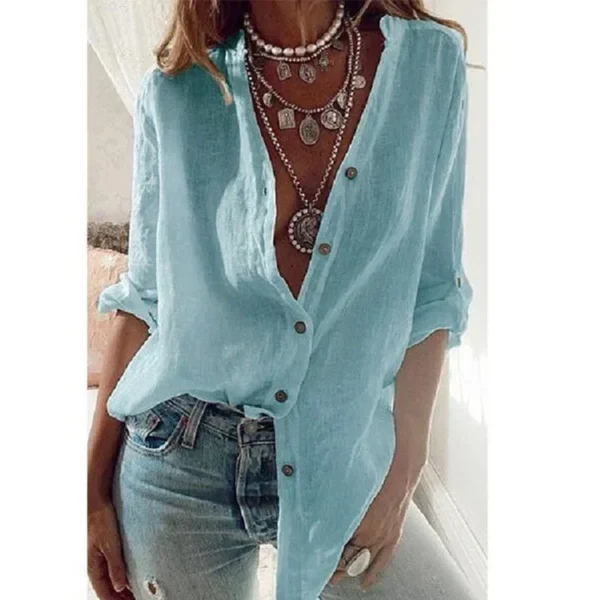 Summer Women’s Cotton Linen Shirt Casual Loose V-Neck Long Sleeve - Image 2