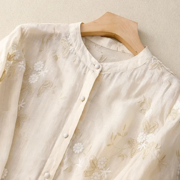 Women's Cotton Linen Shirt Vintage Embroidery Loose Summer Casual Blouse - Image 2
