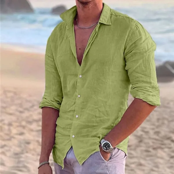 Men's 2025 Cotton Linen Long Sleeve Henley Collar Casual Beach Shirt - Image 5