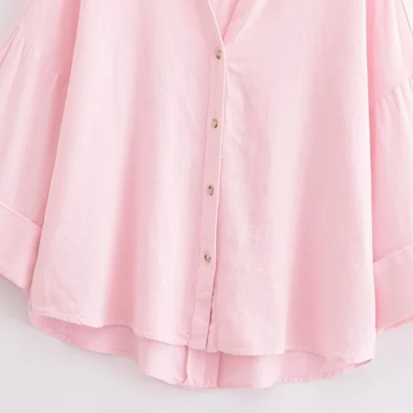 Women Wide Sleeve Linen V-Neck Lapel Loose Comfortable Chic Blouse - Image 4