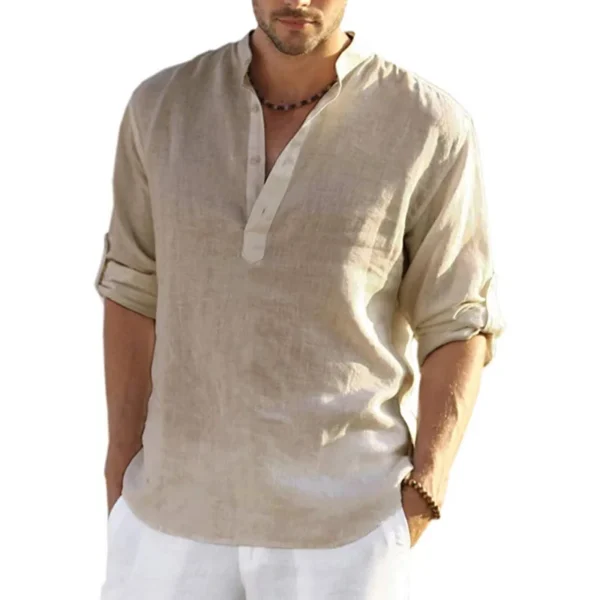 Men's Cotton Linen Long Sleeve Loose Fit Casual Solid Beach Shirt - Image 2