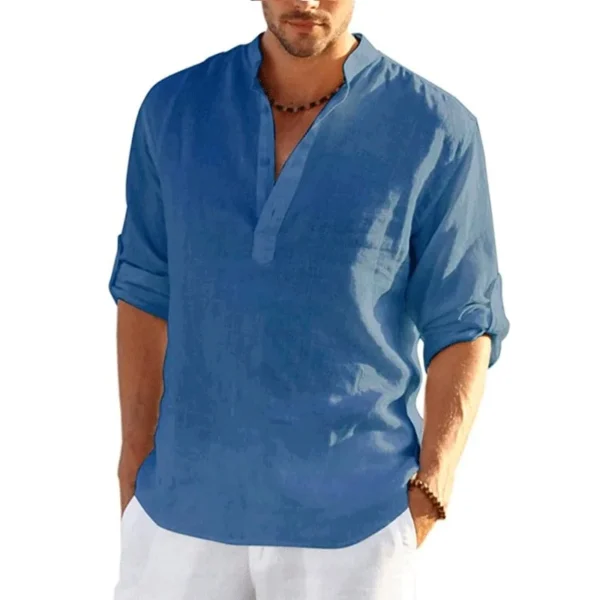 Men's Cotton Linen Long Sleeve Loose Fit Casual Solid Beach Shirt - Image 3