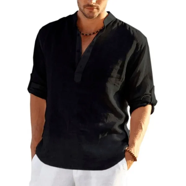 Men's Cotton Linen Long Sleeve Loose Fit Casual Solid Beach Shirt - Image 4